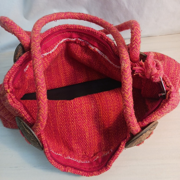 Boho Orange/ Red Handbag Coconut Buttons/beads Woven Fiber W/ Zipper Easy Wear - Picture 5 of 7